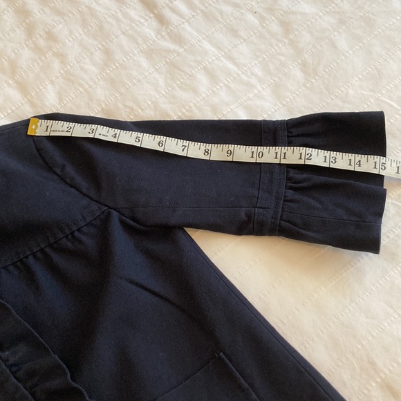 Y2K J Crew Navy collarless cropped blazer, ruffle detail, 3/4 sleeve, size 2 - Picture 13 of 14